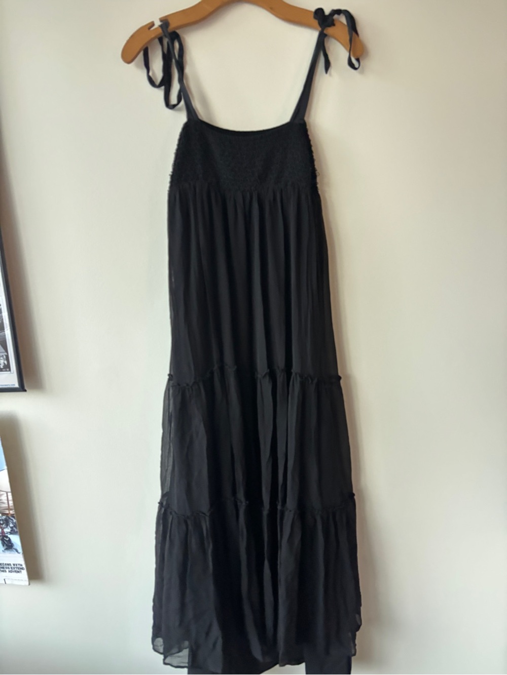 bebe Black Tiered Smocked Maxi Dress with Tie Straps
